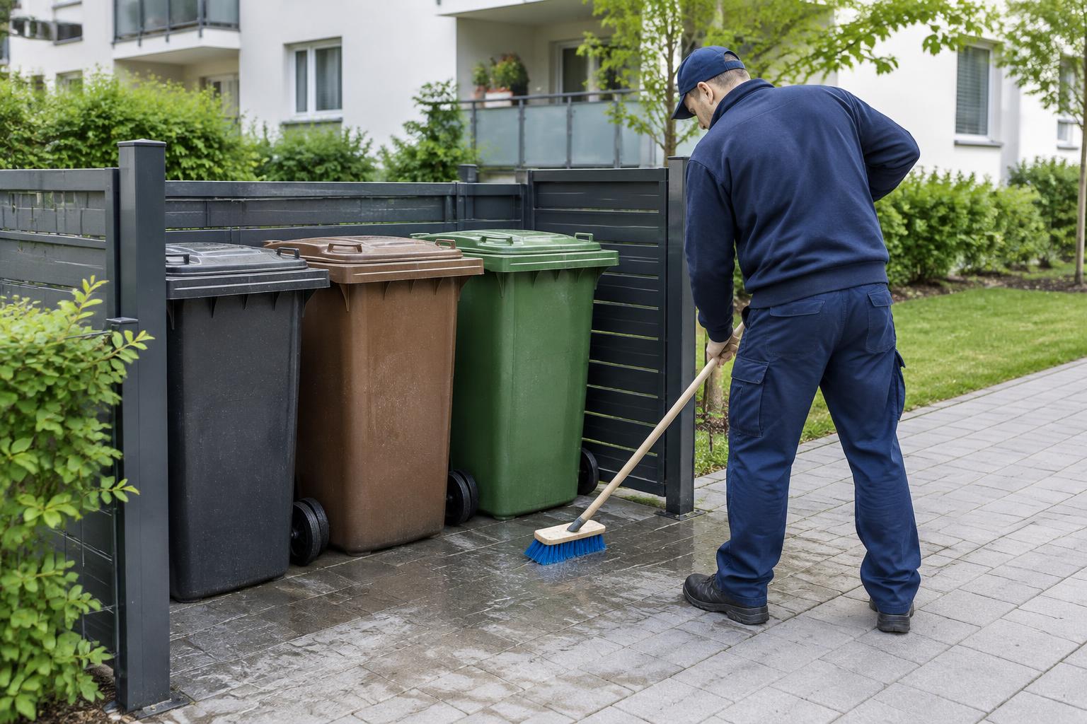 Mülltonnen- & Müllplatzreinigung – illustrative Arbeitsszene